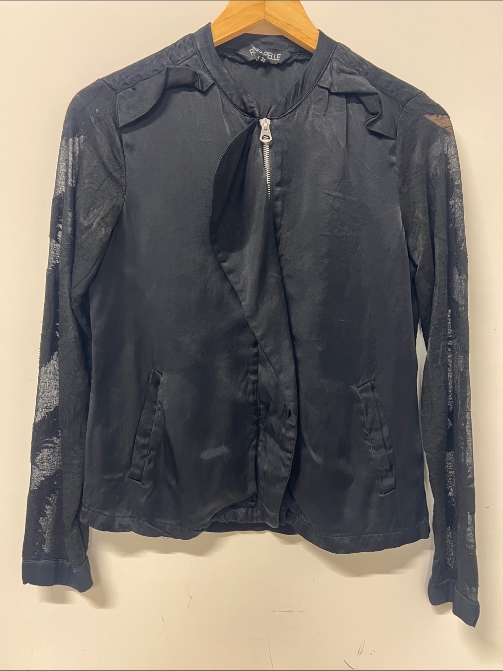 Rino & Pelle, Jacket/Blouse, Viscose Body, Black, Size 34, Sheer Sleeve w/Feath
